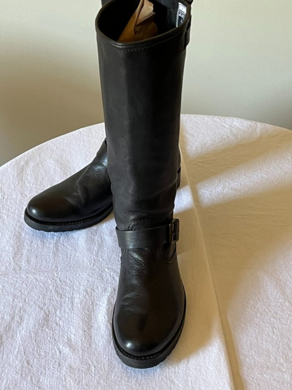 FRYE BLACK LEATHER BOOTS, 9.5B, HARNESS PULL-ON, MOTO